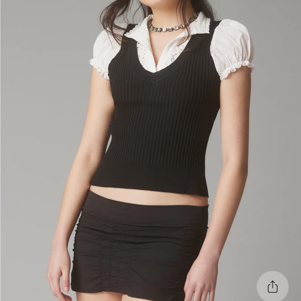 UNIF Black Knit Yima Top with White Puff Sleeves